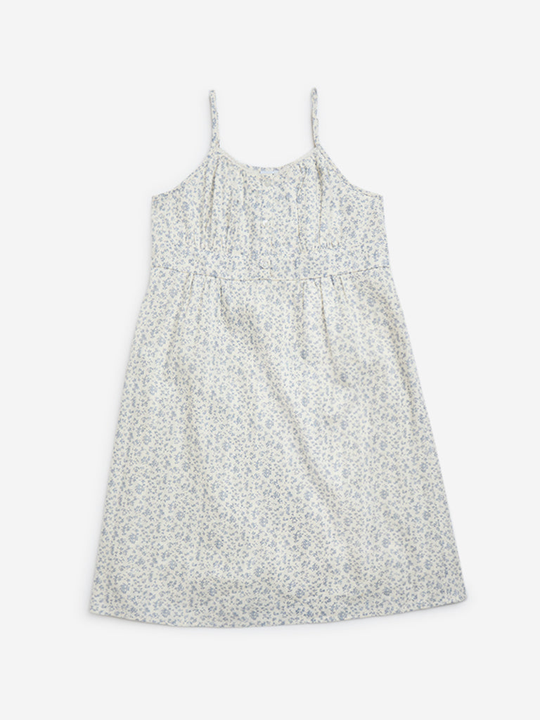 Y&F Kids Blue Floral Printed Cotton A-Line Dress