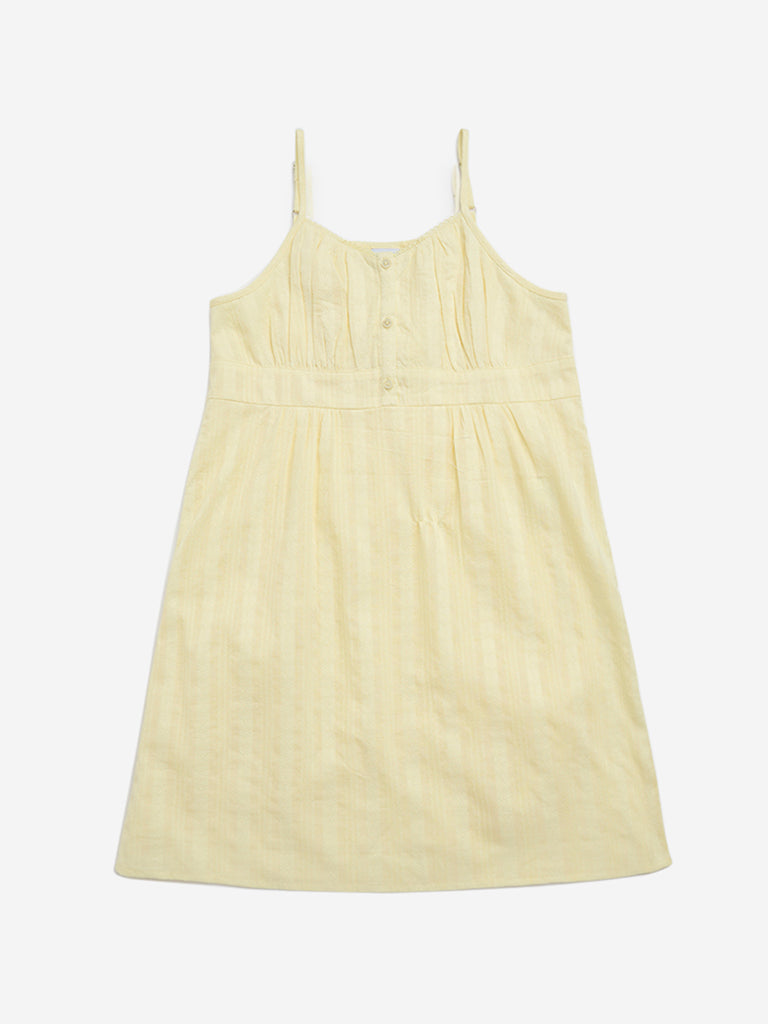 Y&F Kids Yellow Self-Striped Cotton A-Line Dress