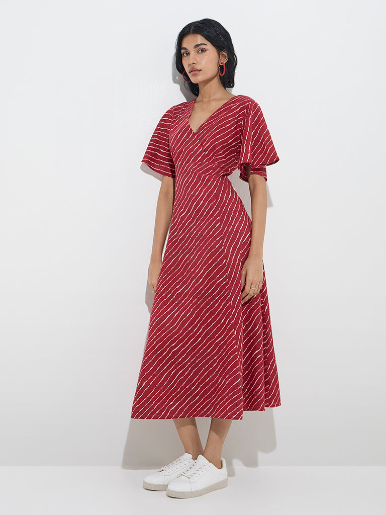 Bombay Paisley Red Tie-Dye Printed A-Line Cotton Dress