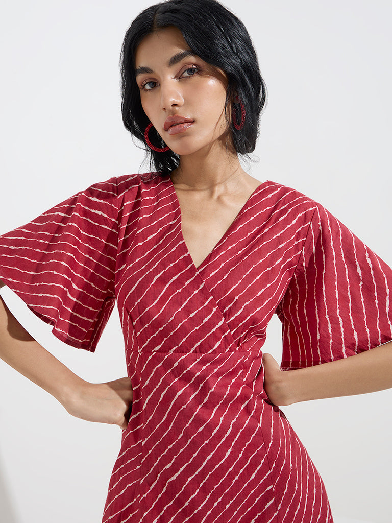 Bombay Paisley Red Tie-Dye Printed A-Line Cotton Dress