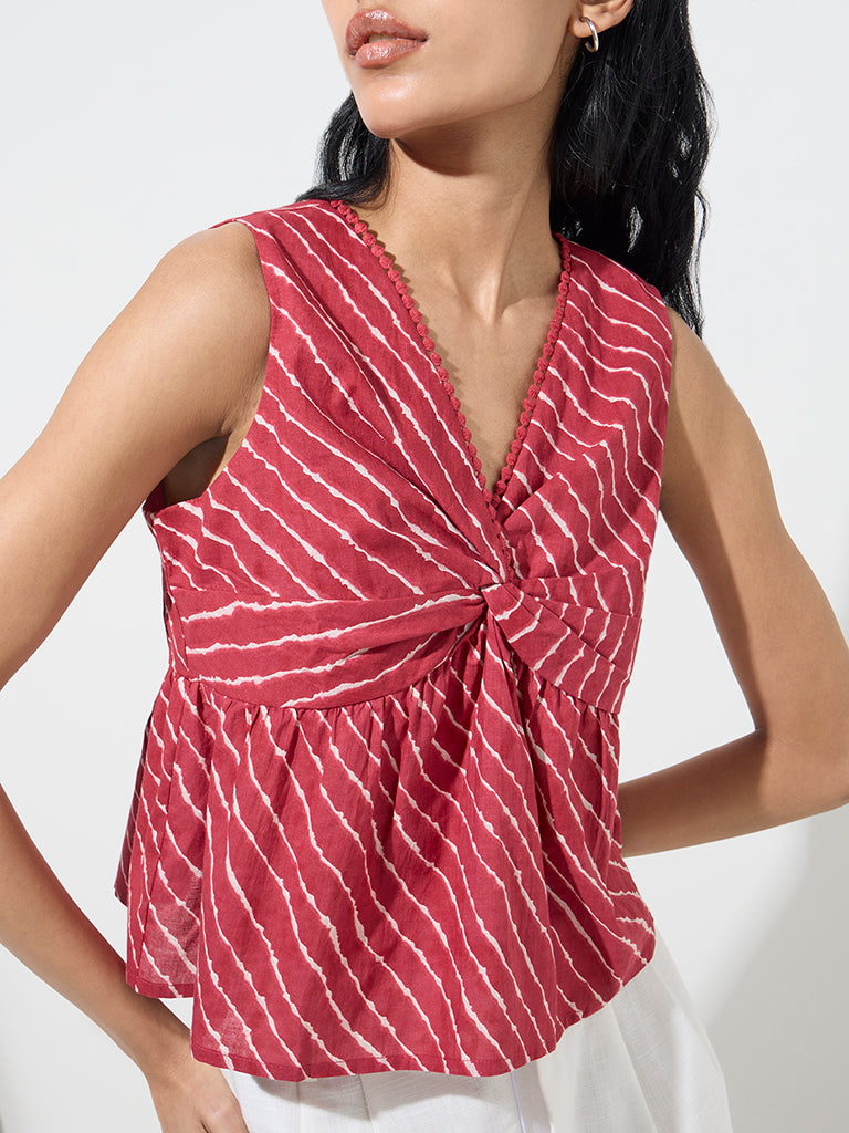 Bombay Paisley Red Tie-Dye Knot-Detailed Cotton Top