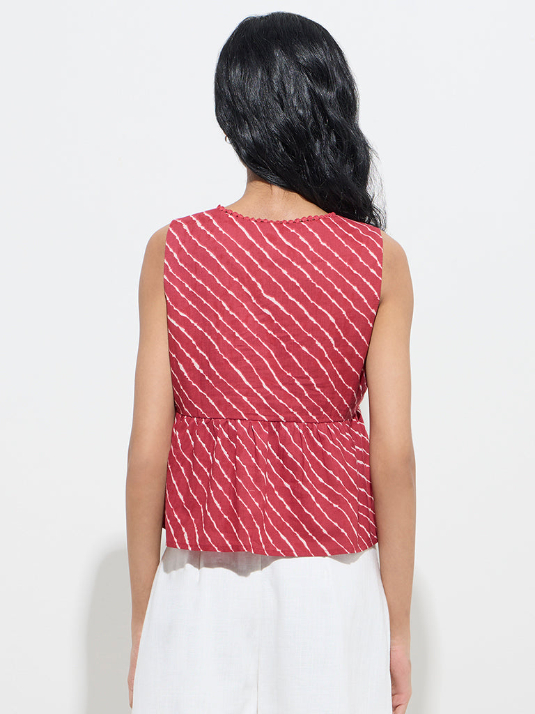 Bombay Paisley Red Tie-Dye Knot-Detailed Cotton Top