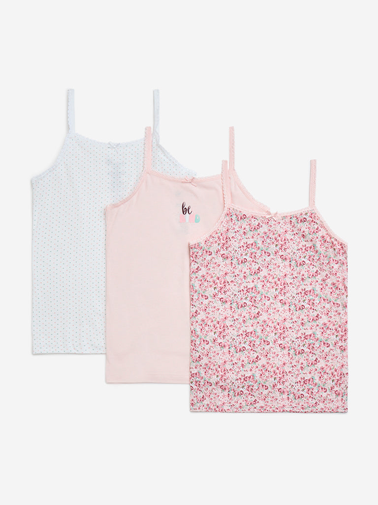 Y&F Kids Pink Printed Cotton Camisoles - Pack of 3