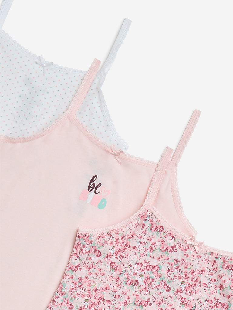 Y&F Kids Pink Printed Cotton Camisoles - Pack of 3