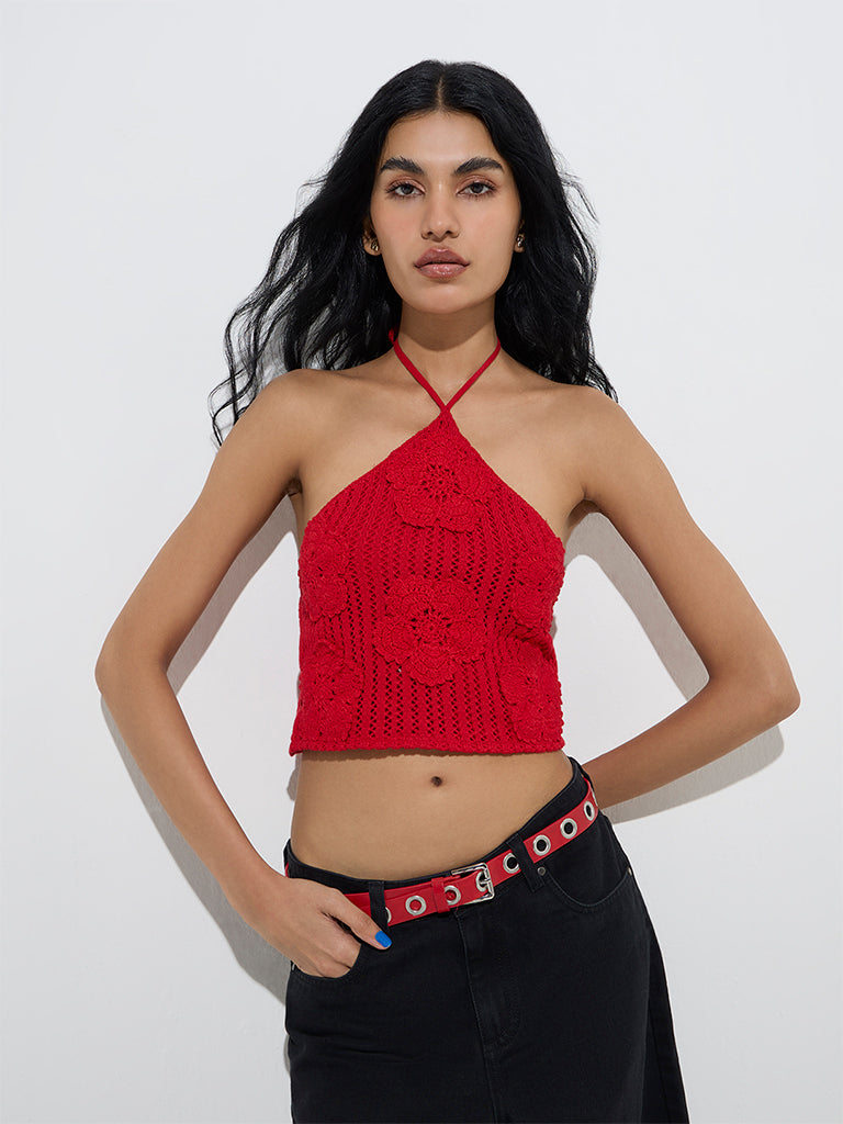 Nuon Red Crochet Detailed Halter-Neck Cotton Top