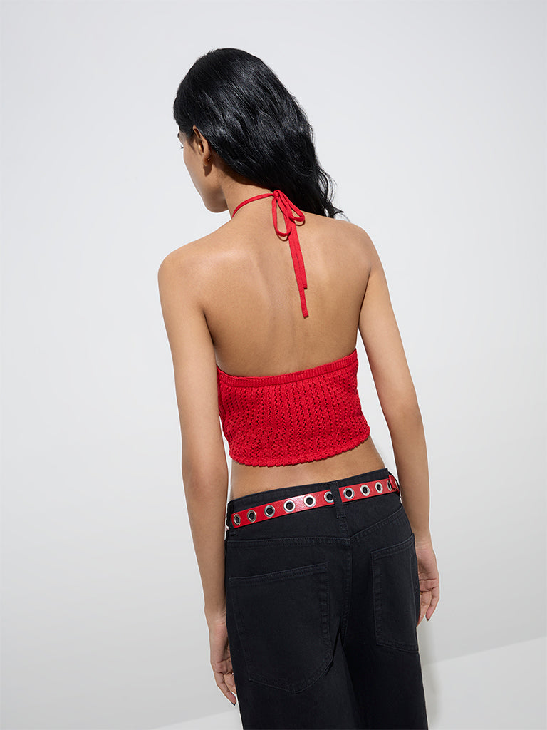 Nuon Red Crochet Detailed Halter-Neck Cotton Top