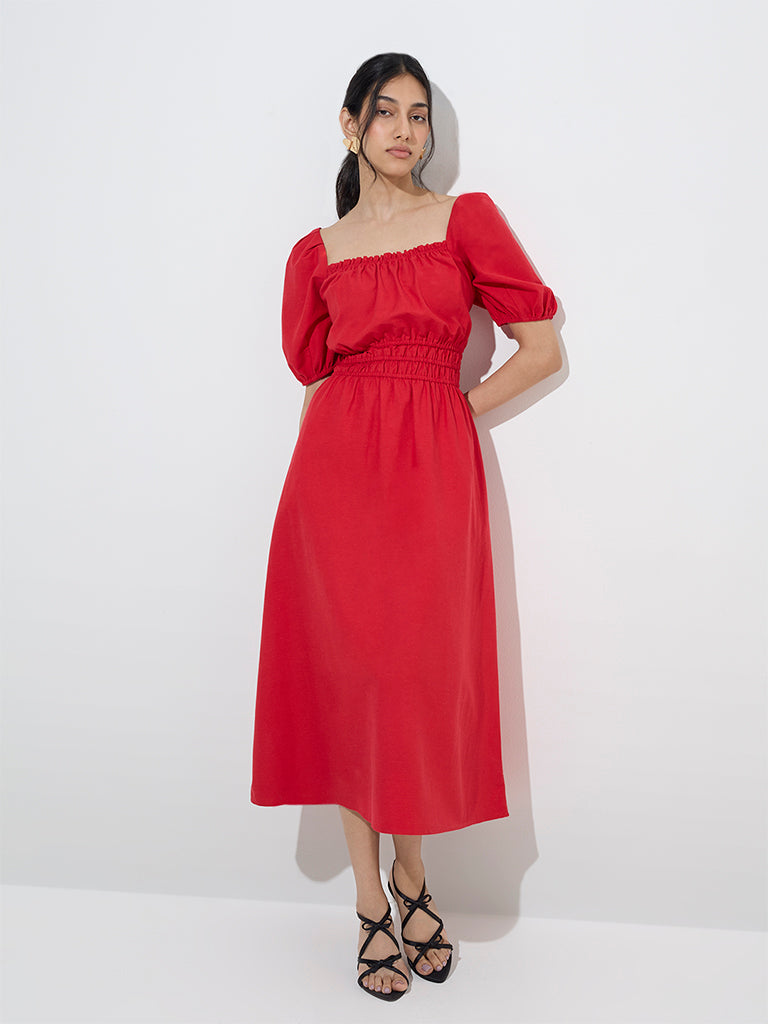 LOV Red Solid Linen-Blend A-Line Dress