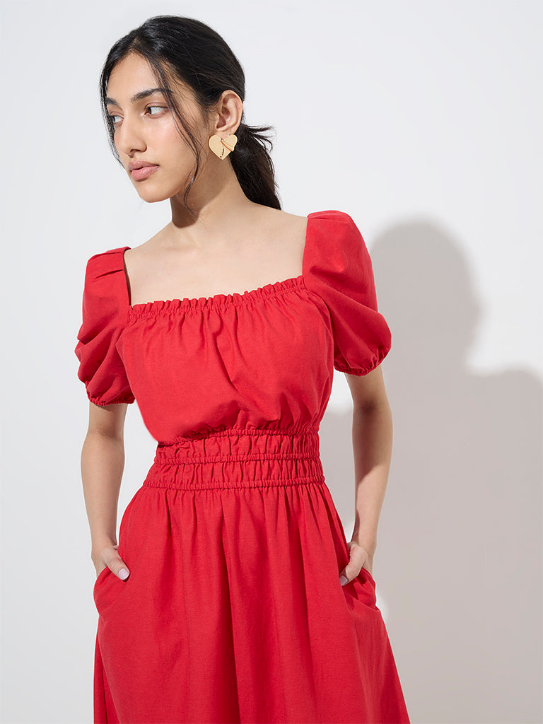 LOV Red Solid Linen-Blend A-Line Dress