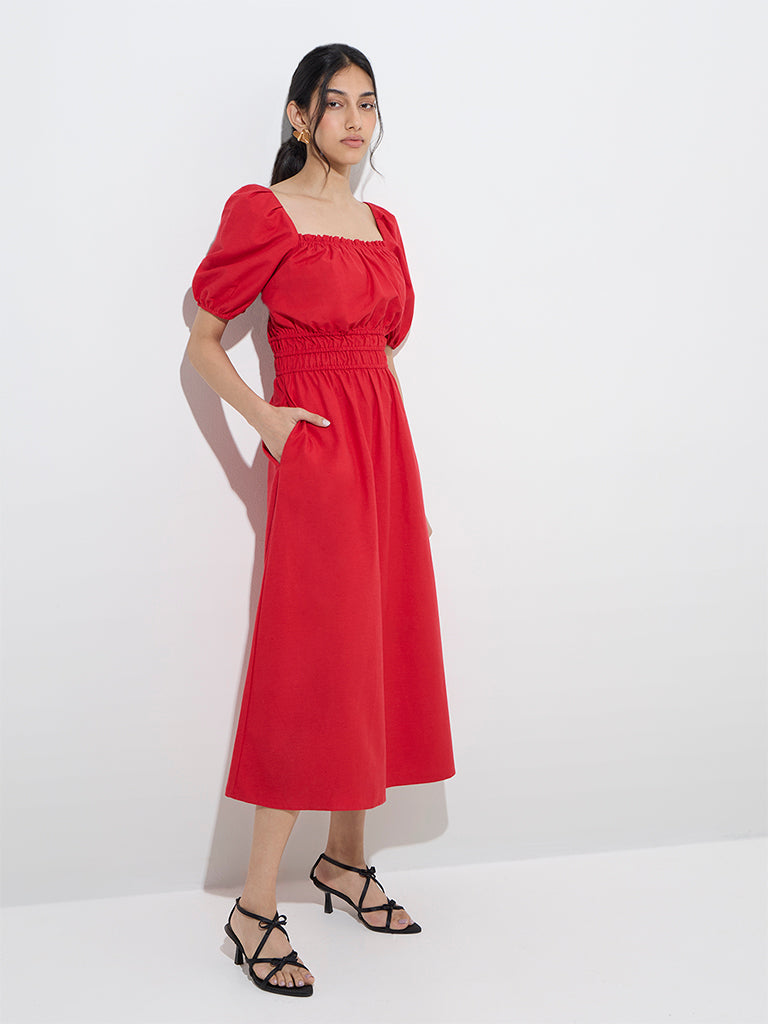 LOV Red Solid Linen-Blend A-Line Dress