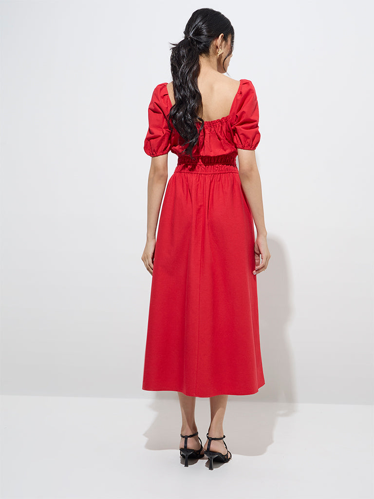 LOV Red Solid Linen-Blend A-Line Dress