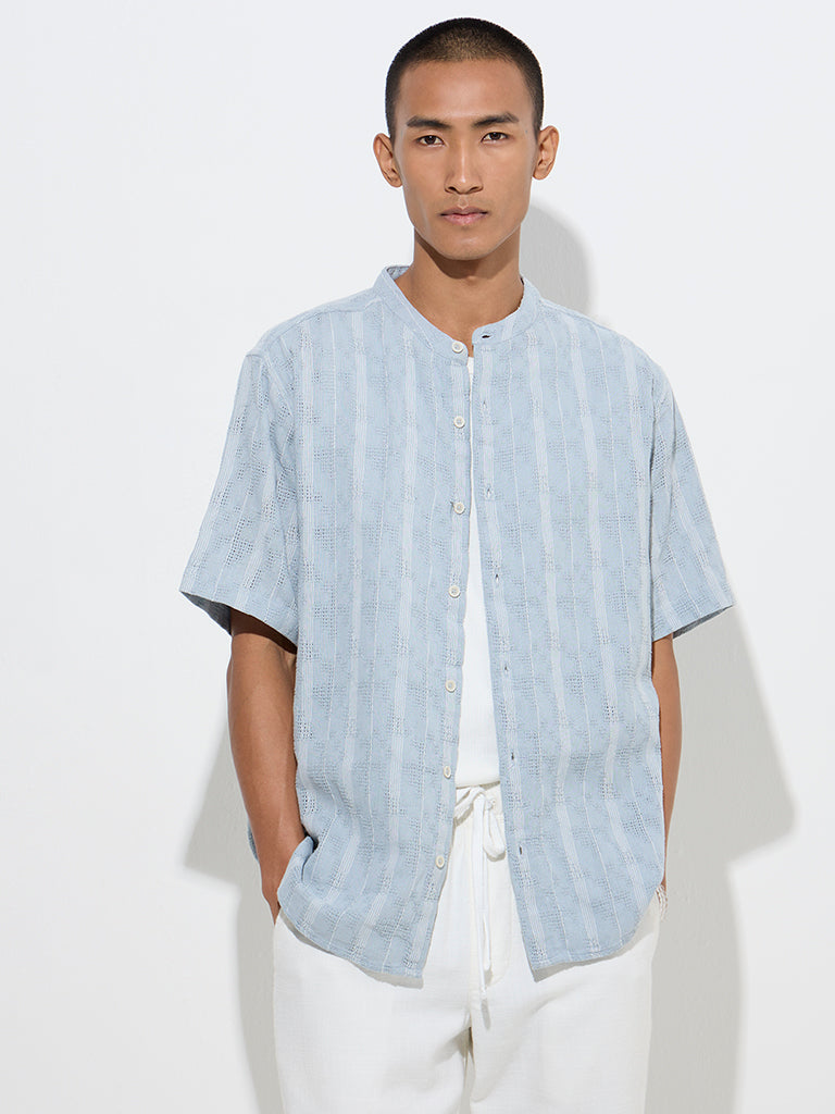 ETA Dusty Blue Striped Knit-Textured Relaxed-Fit Cotton Shirt