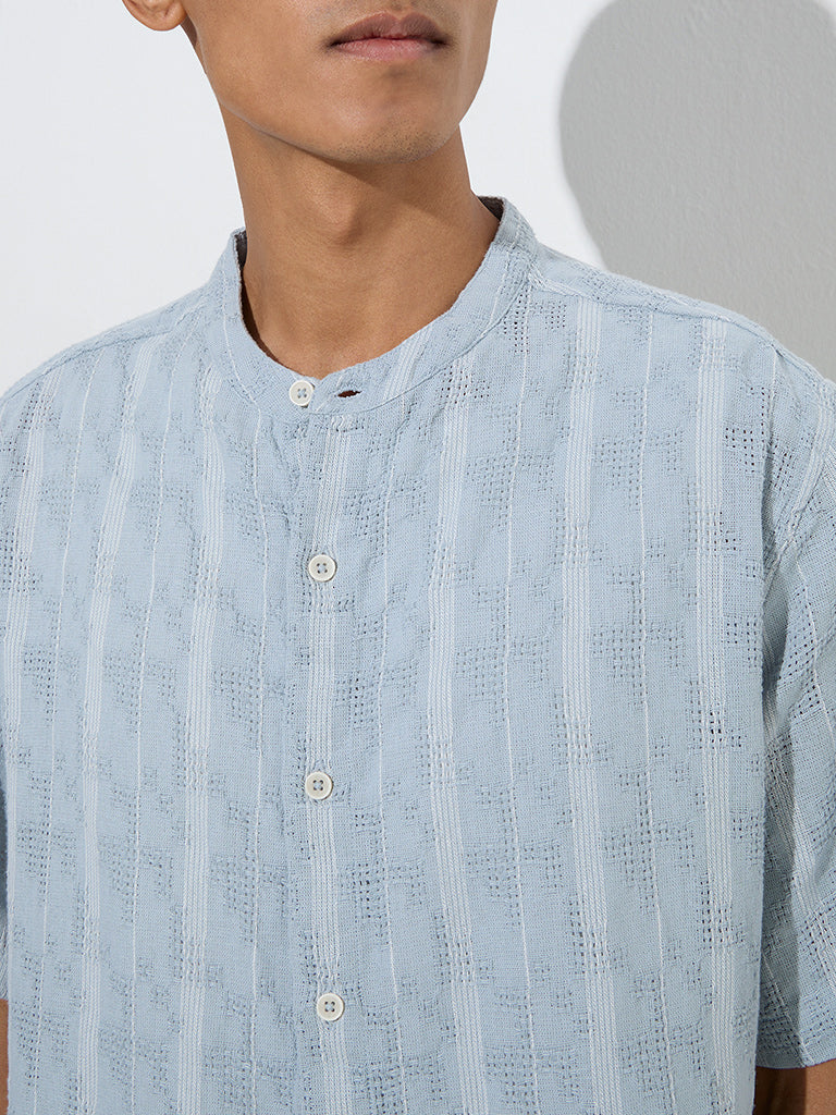 ETA Dusty Blue Striped Knit-Textured Relaxed-Fit Cotton Shirt