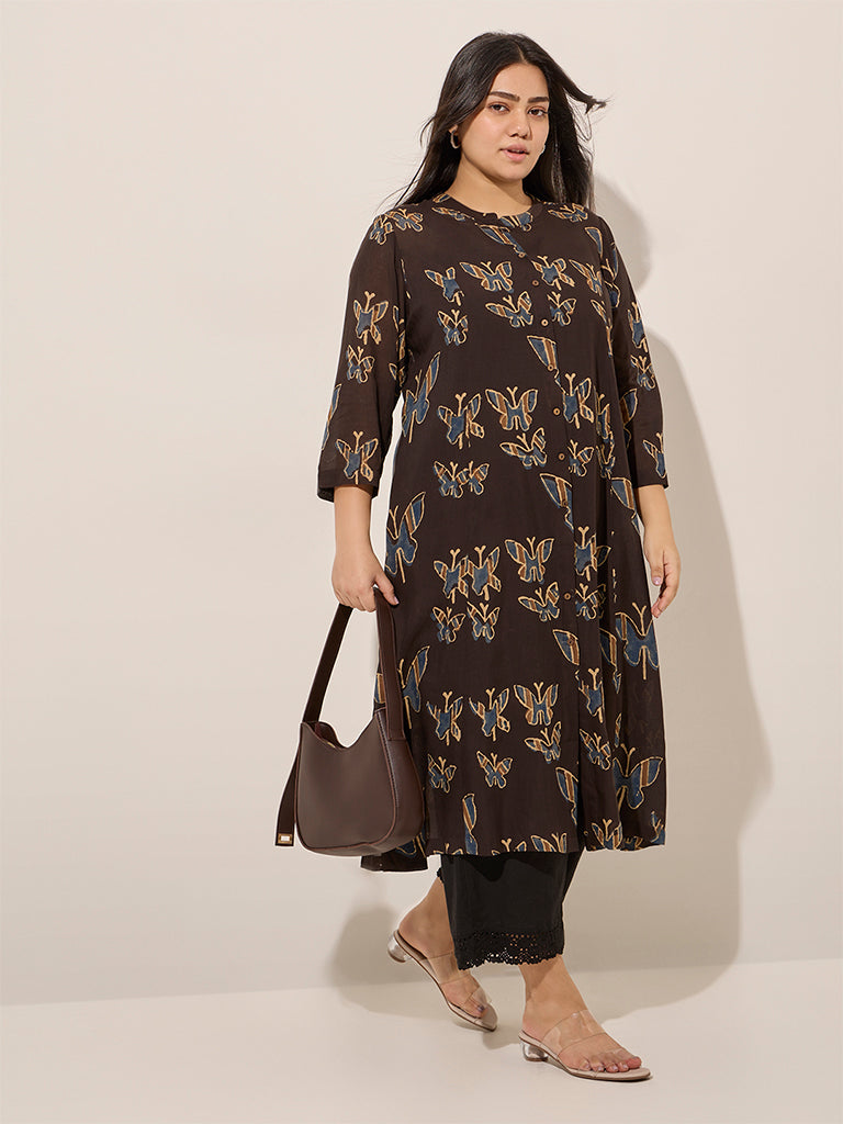 Diza Brown Butterfly Printed Cotton Straight Kurta