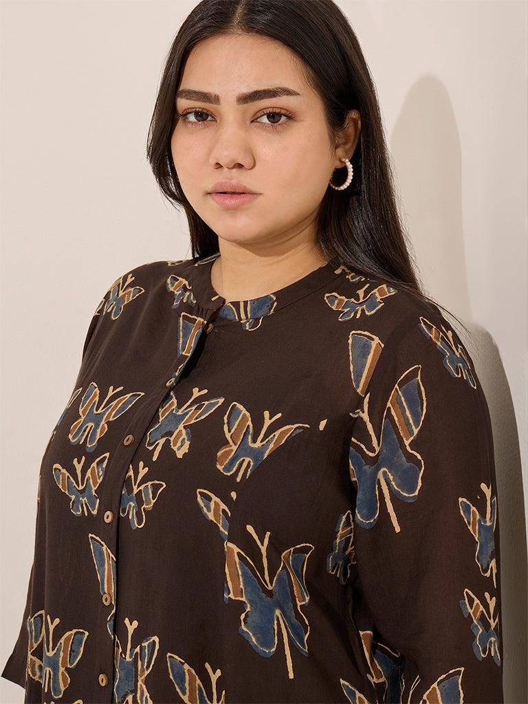 Diza Brown Butterfly Printed Cotton Straight Kurta