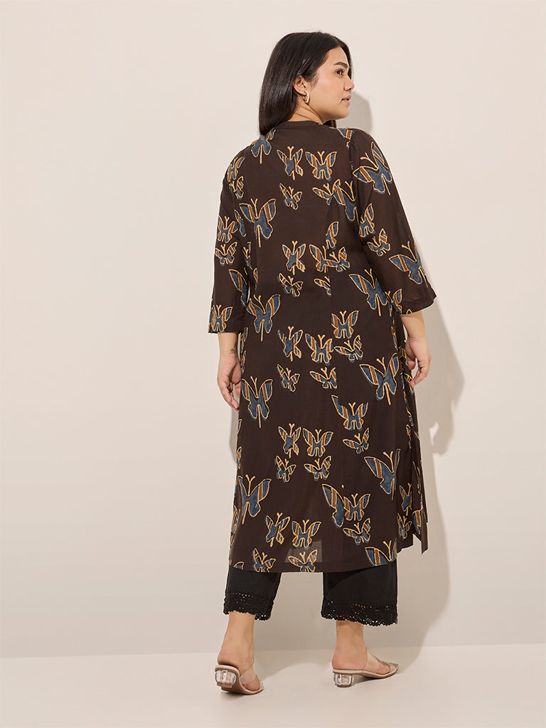 Diza Brown Butterfly Printed Cotton Straight Kurta