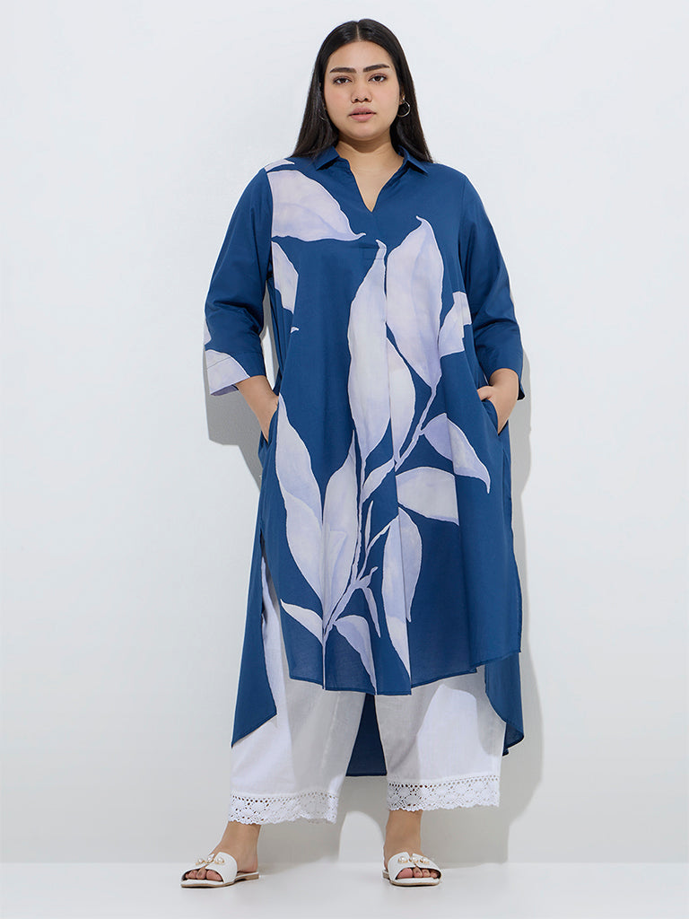 Diza Blue Leaf Design High-Low Cotton Kurta