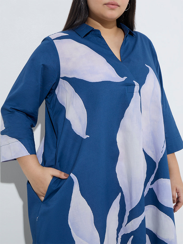 Diza Blue Leaf Design High-Low Cotton Kurta