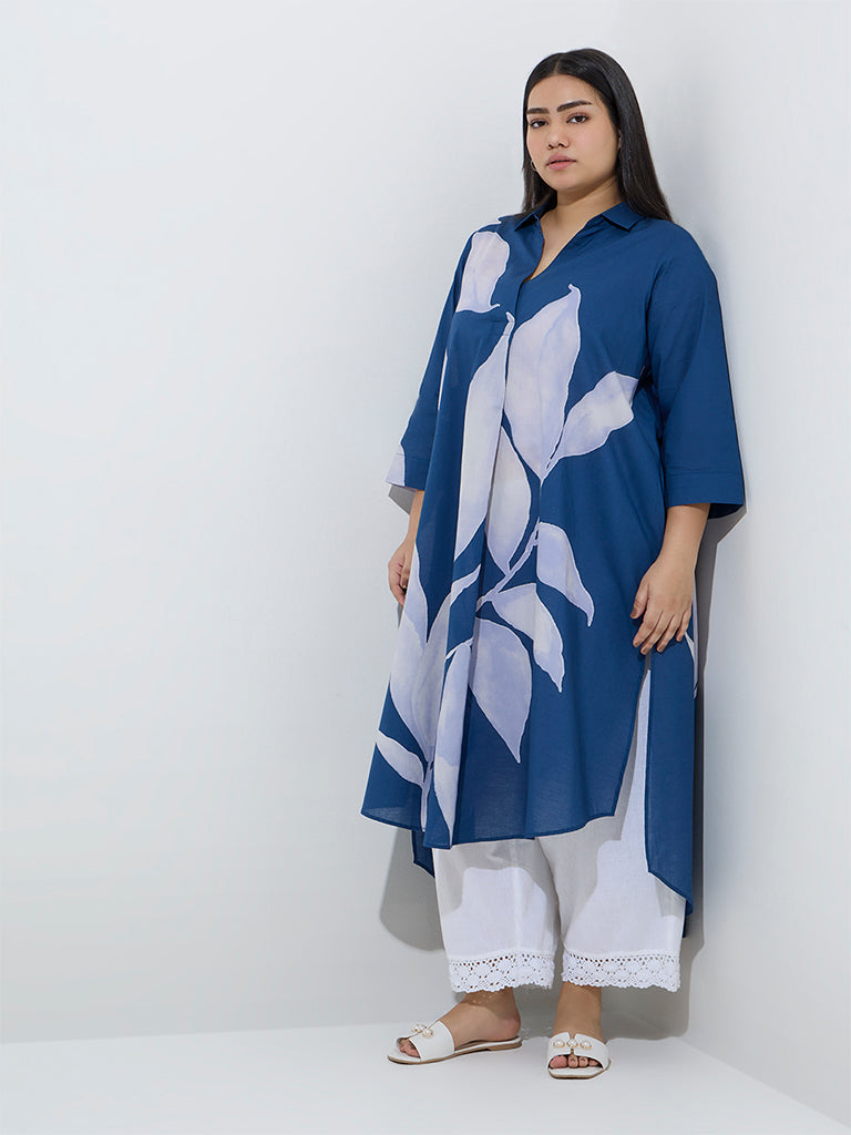 Diza Blue Leaf Design High-Low Cotton Kurta