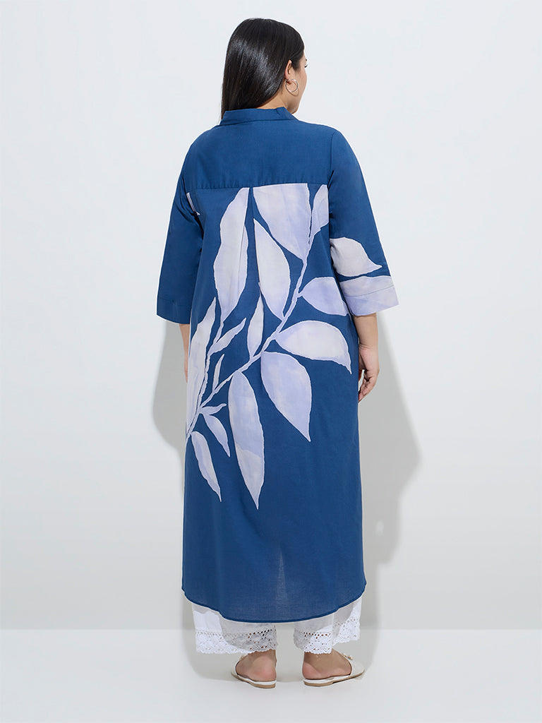 Diza Blue Leaf Design High-Low Cotton Kurta