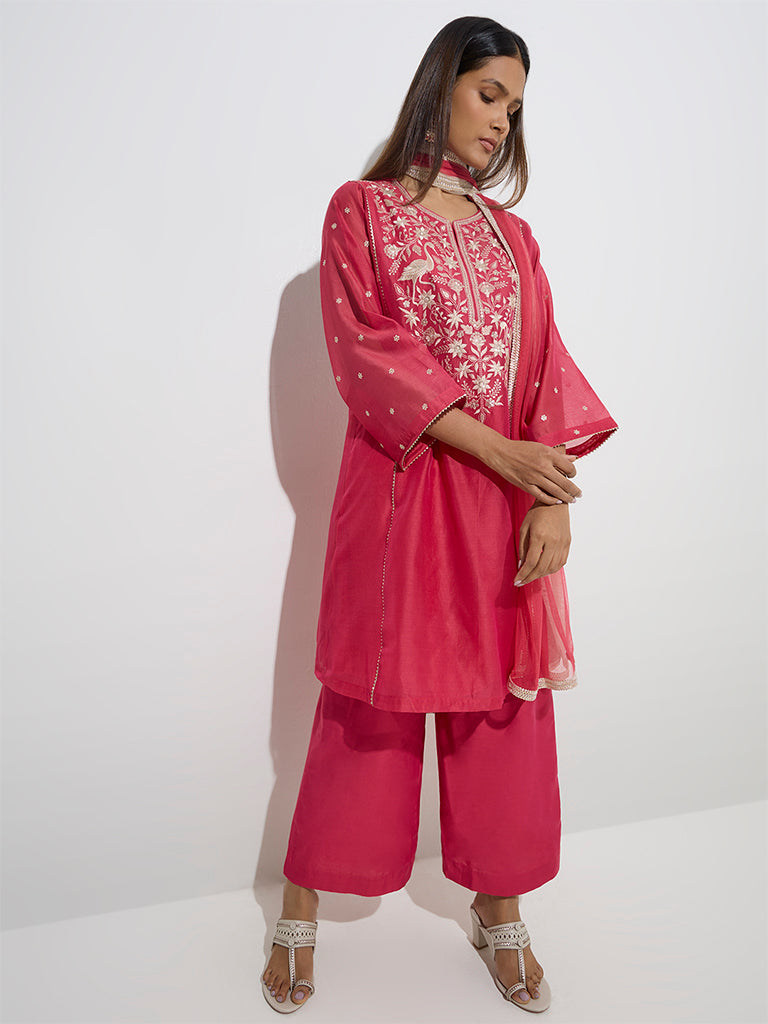 Vark Pink Cotton-Blend Kurta, Inner, Palazzos & Dupatta Set