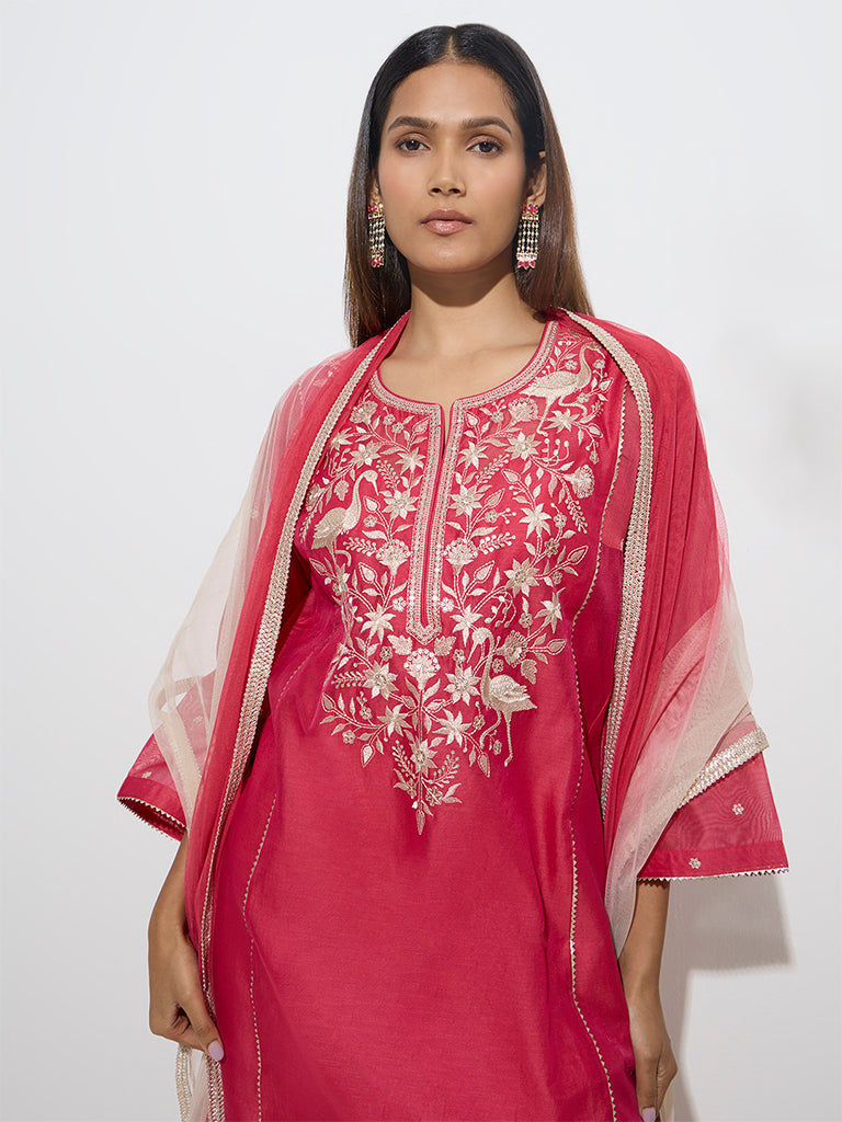 Vark Pink Cotton-Blend Kurta, Inner, Palazzos & Dupatta Set