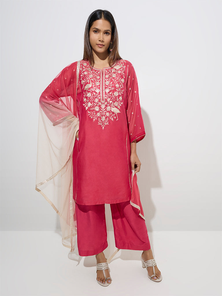 Vark Pink Cotton-Blend Kurta, Inner, Palazzos & Dupatta Set