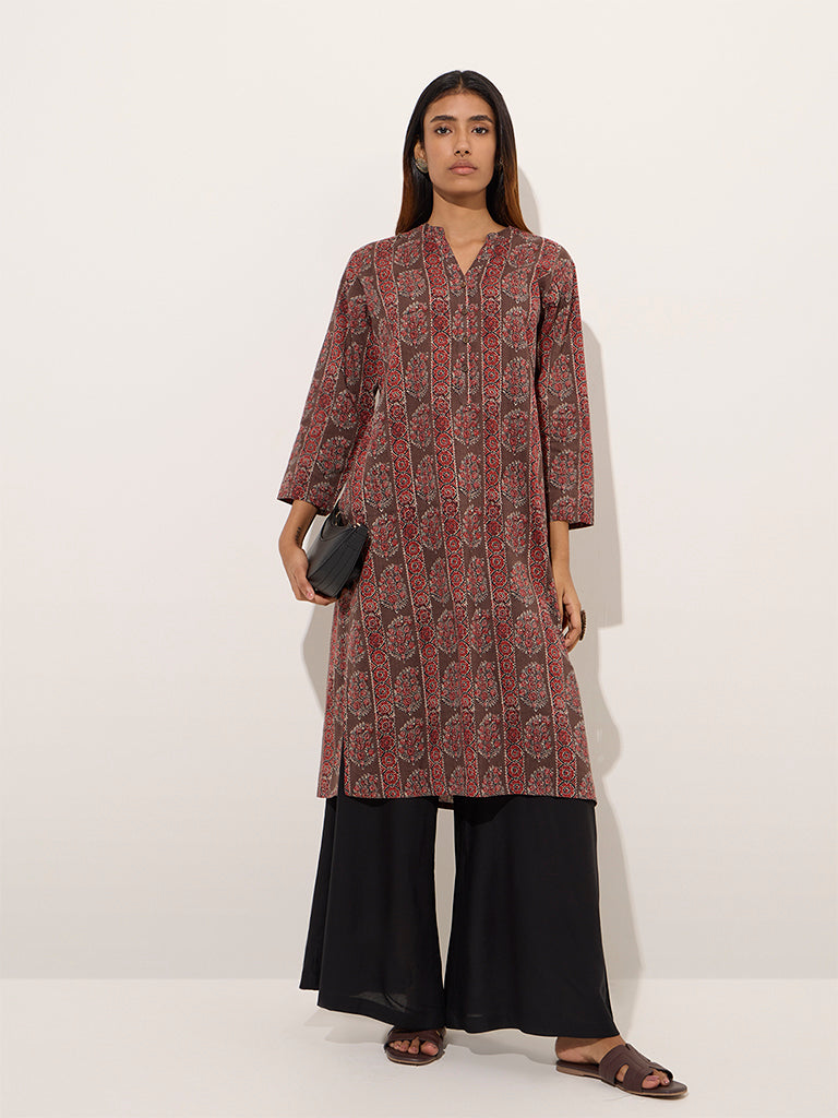 Utsa Brown Paisley Printed Straight Cotton Kurta