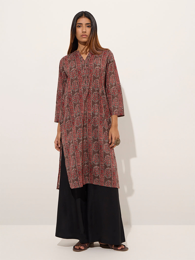 Utsa Brown Paisley Printed Straight Cotton Kurta