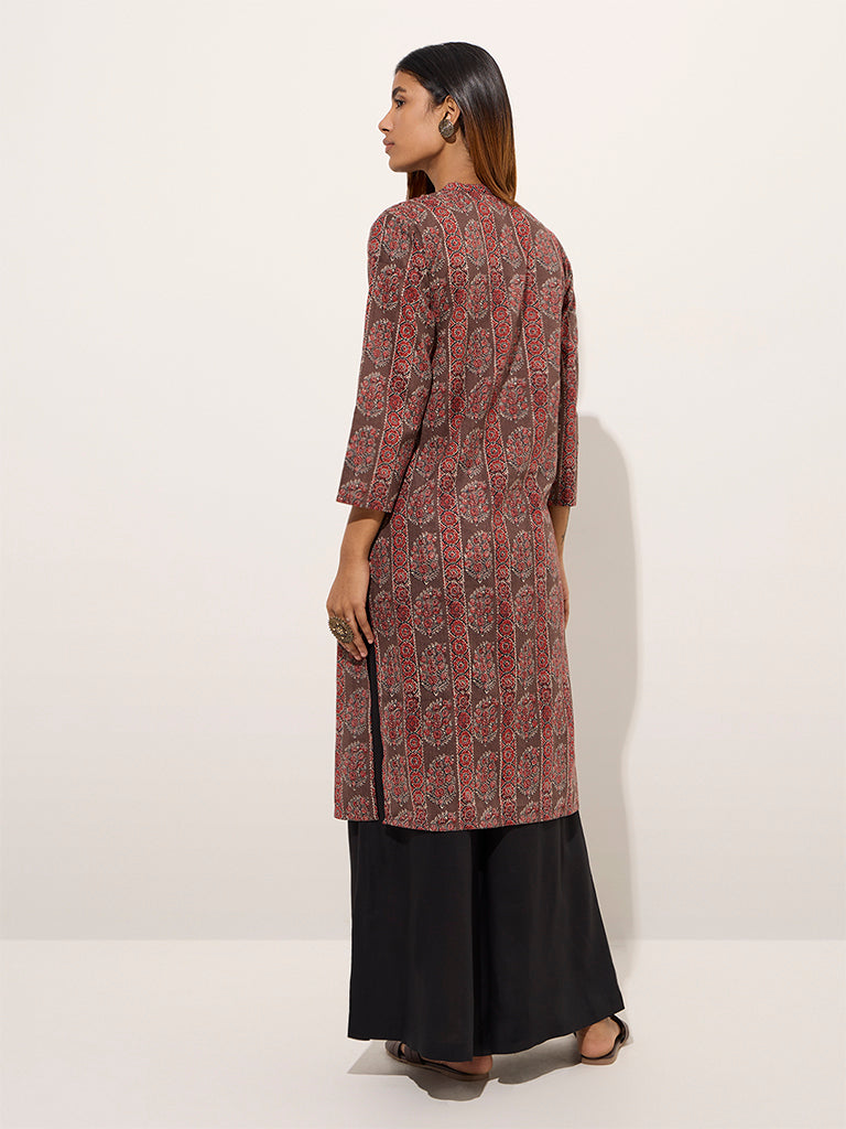 Utsa Brown Paisley Printed Straight Cotton Kurta