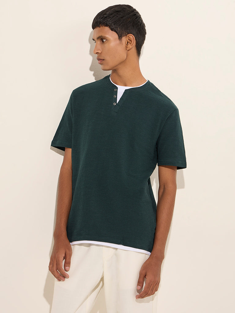 ETA Dark Green Solid Slim-Fit Cotton T-Shirt