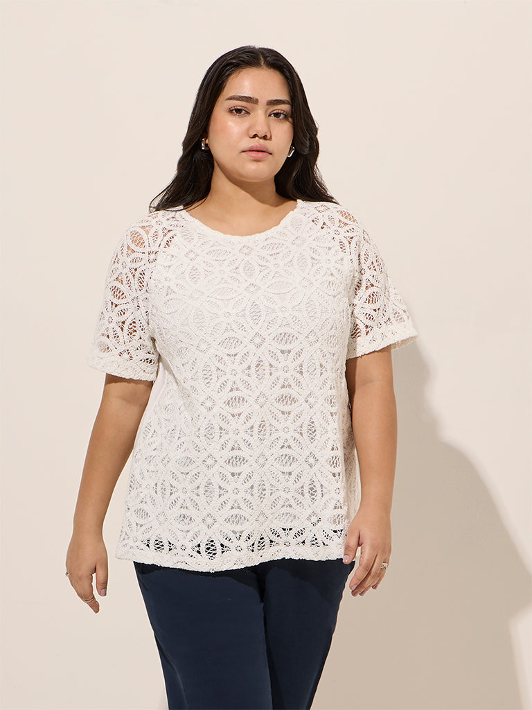 Gia White Floral Lace-Design Top