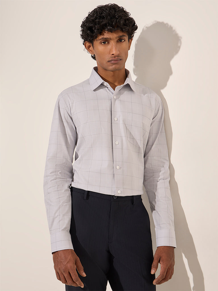 WES Formals Grey Checkered Relaxed-Fit Cotton Shirt