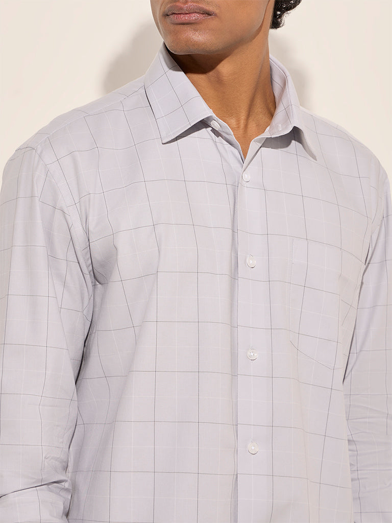 WES Formals Grey Checkered Relaxed-Fit Cotton Shirt