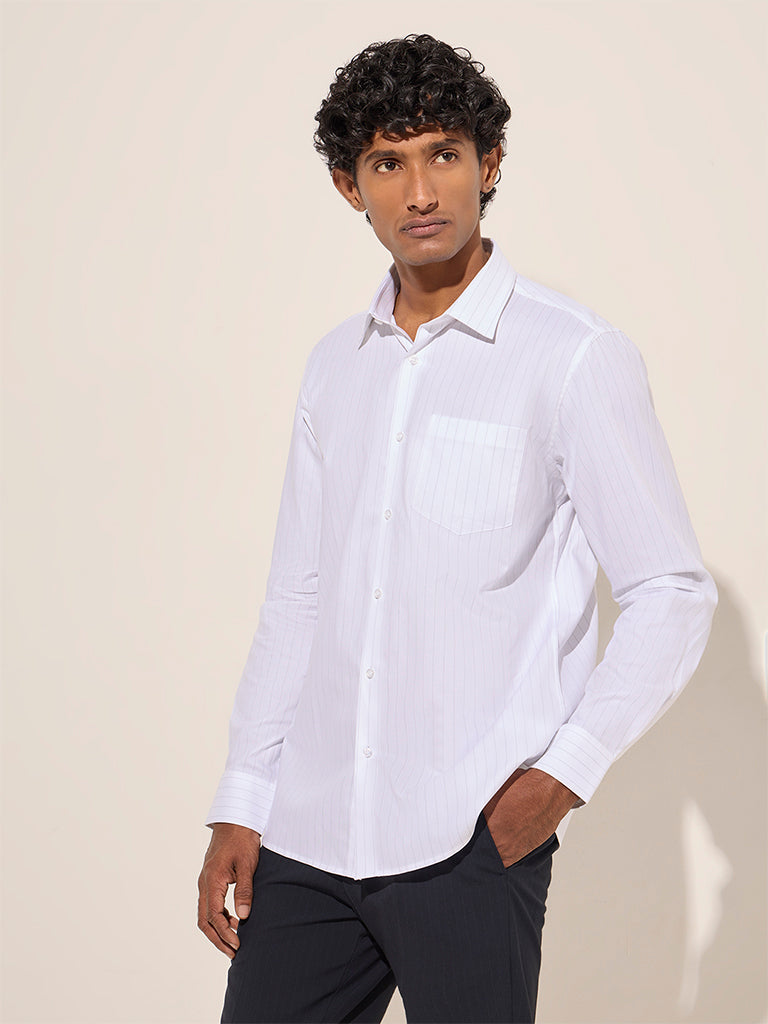 WES Formals White Pinstriped Slim-Fit Cotton Shirt