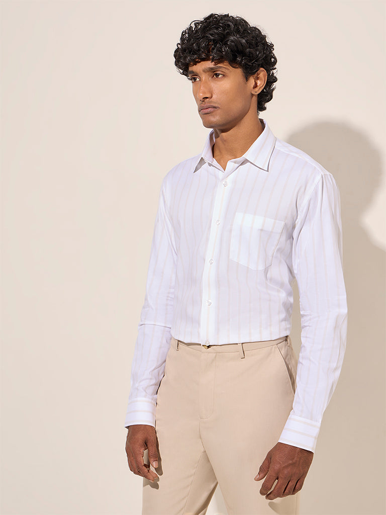 WES Formals White Striped Relaxed-Fit Cotton Shirt