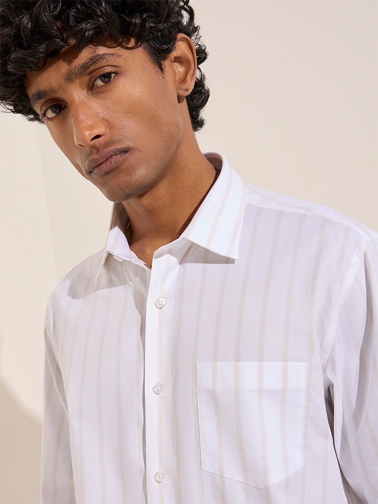 WES Formals White Striped Relaxed-Fit Cotton Shirt