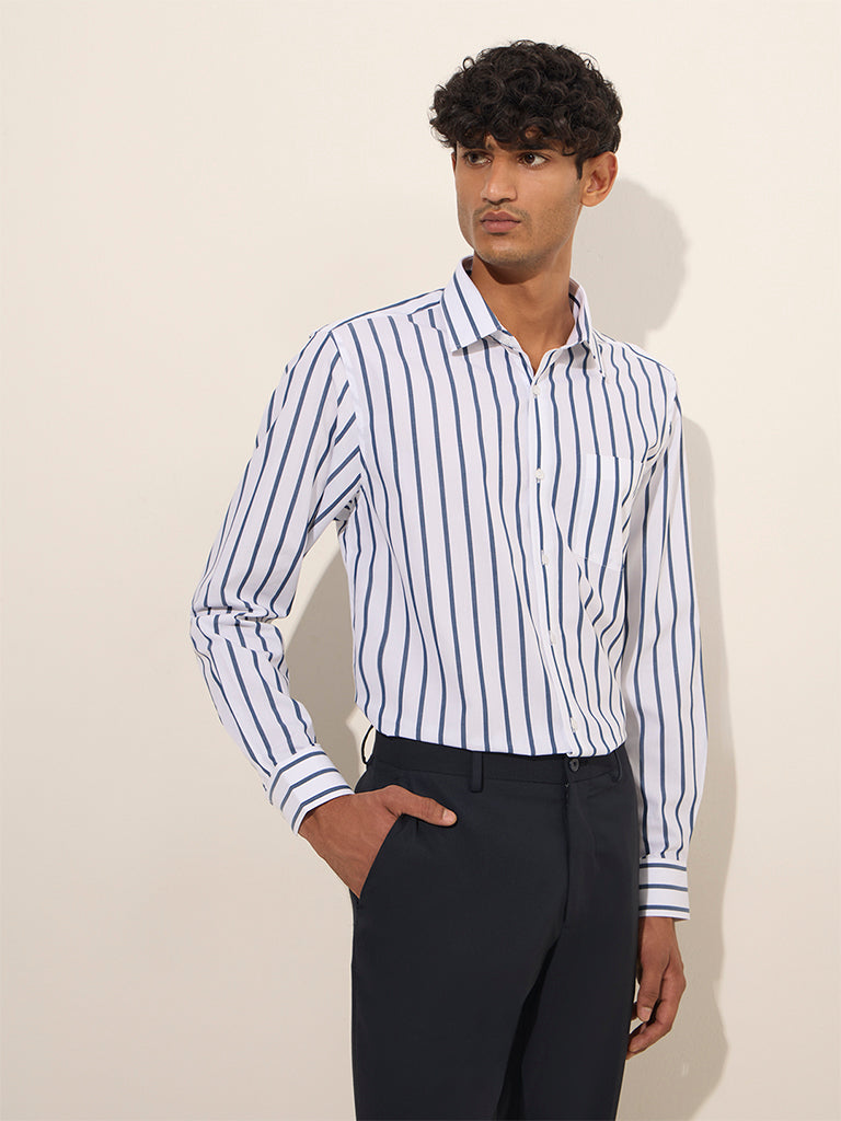 WES Formals White Slim-Fit Striped Cotton Shirt