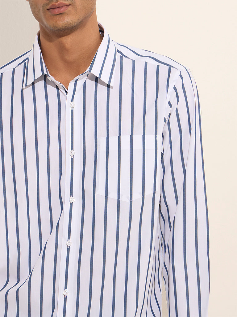 WES Formals White Slim-Fit Striped Cotton Shirt