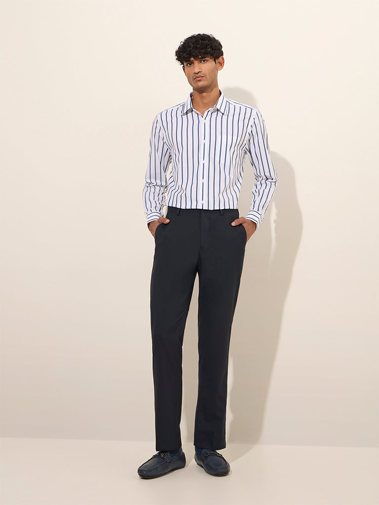 WES Formals White Slim-Fit Striped Cotton Shirt