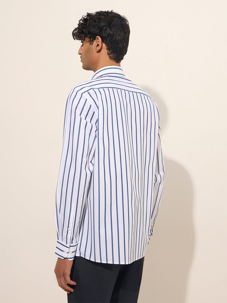 WES Formals White Slim-Fit Striped Cotton Shirt