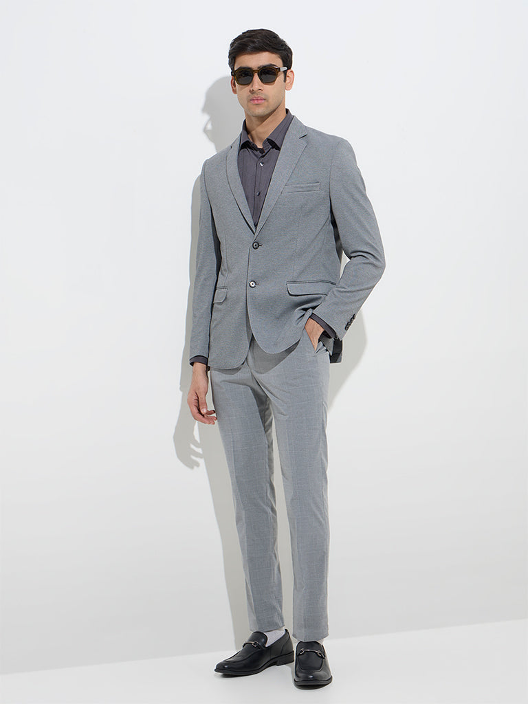 WES Formals Grey Checkered Ultra-Slim Fit Mid-Rise Trousers