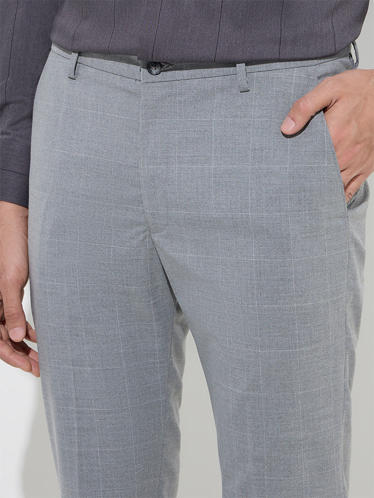 WES Formals Grey Checkered Ultra-Slim Fit Mid-Rise Trousers