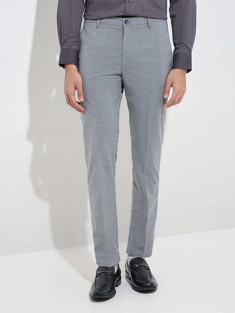 WES Formals Grey Checkered Ultra-Slim Fit Mid-Rise Trousers