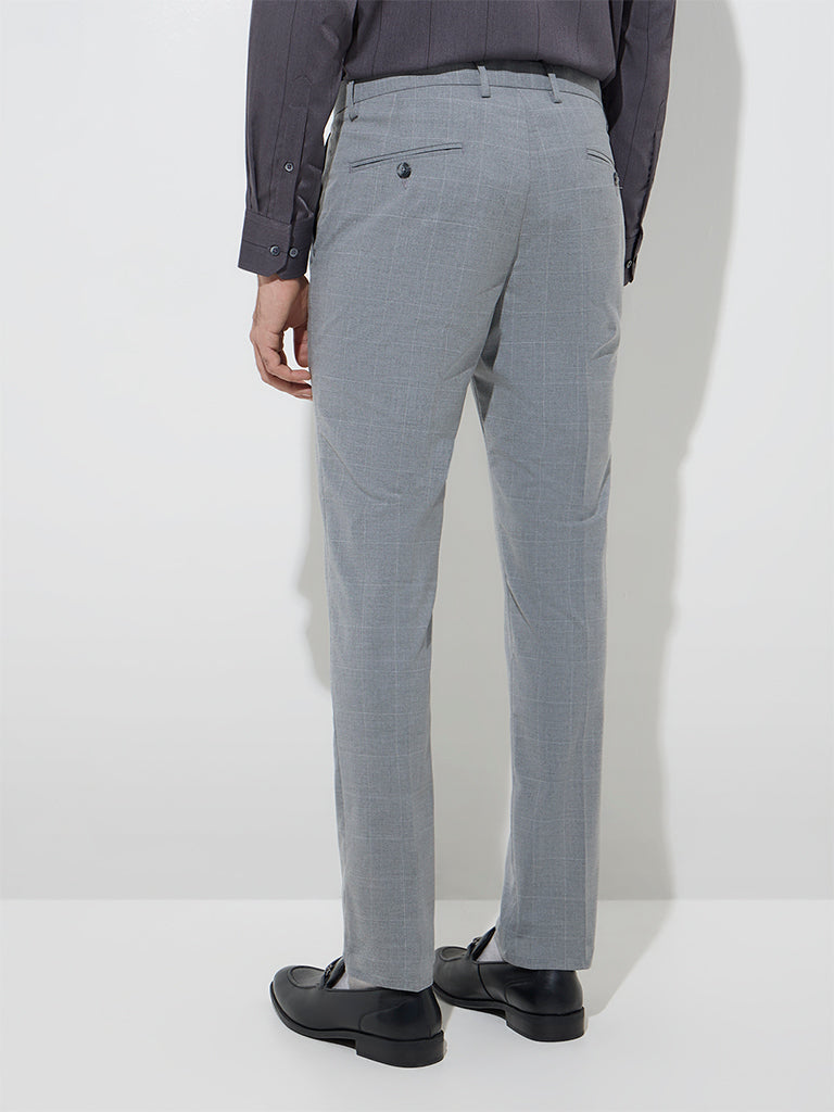 WES Formals Grey Checkered Ultra-Slim Fit Mid-Rise Trousers