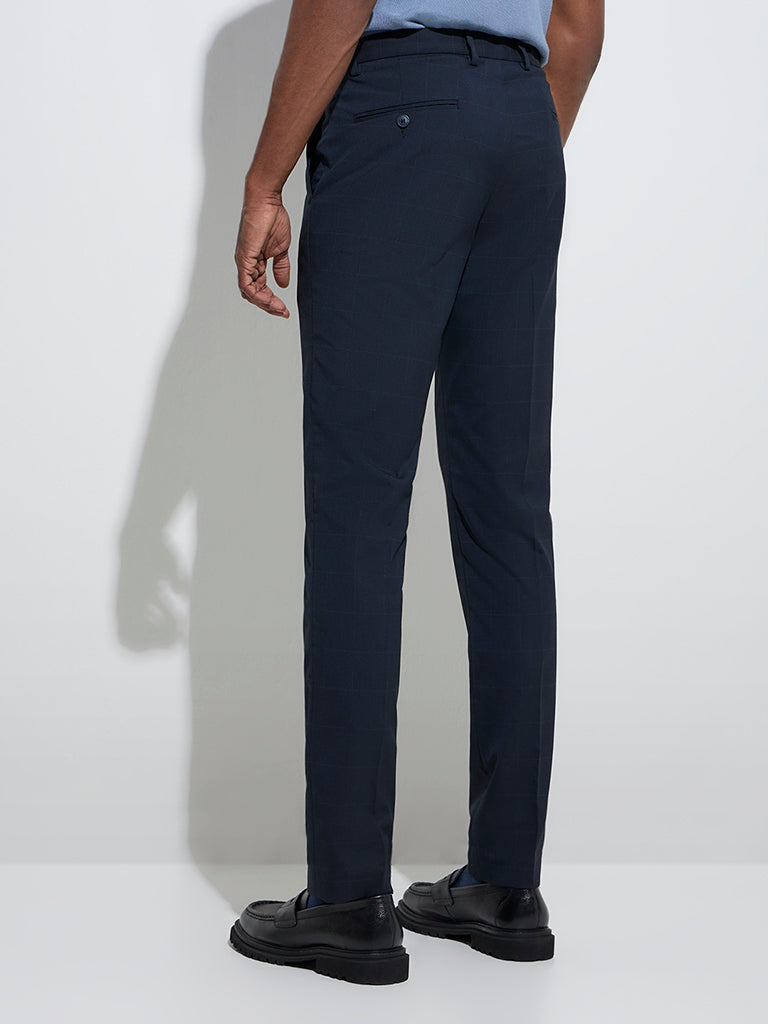 WES Formals Navy Checkered Ultra-Slim Fit Mid-Rise Trousers