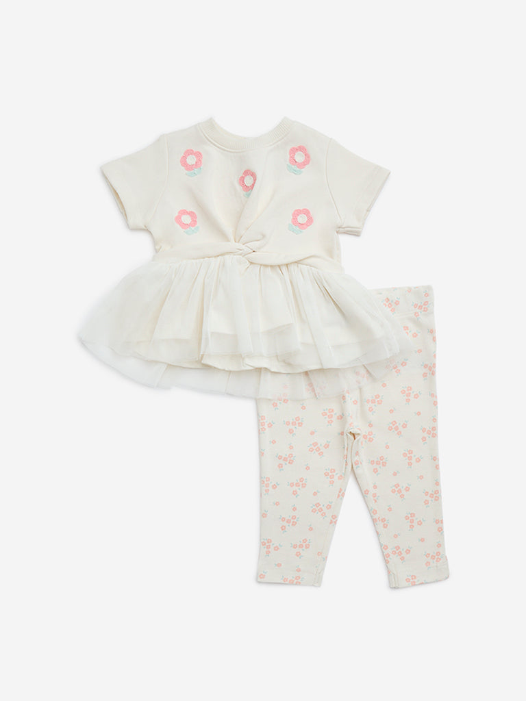 HOP Baby Off-White Floral Cotton-Blend Dress with Pants Set