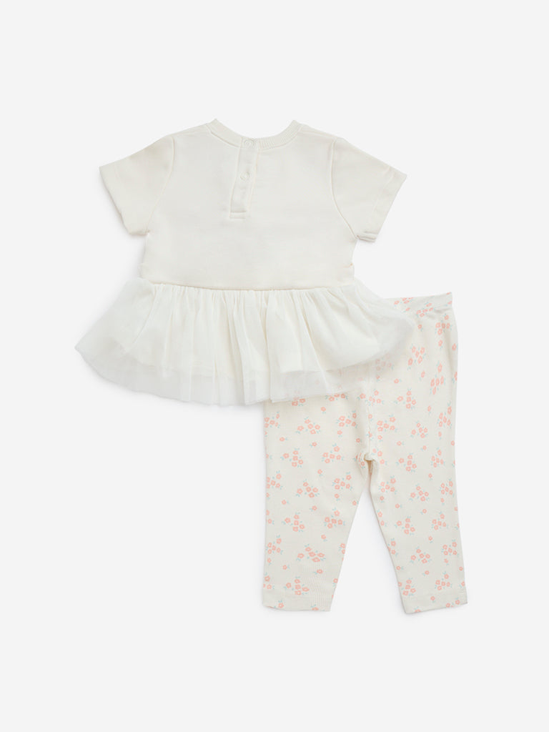 HOP Baby Off-White Floral Cotton-Blend Dress with Pants Set