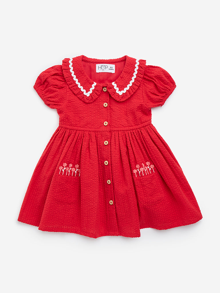 HOP Baby Red Self-Textured Cotton Fit-and-Flare Dress