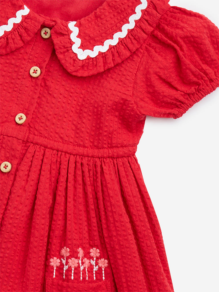 HOP Baby Red Self-Textured Cotton Fit-and-Flare Dress