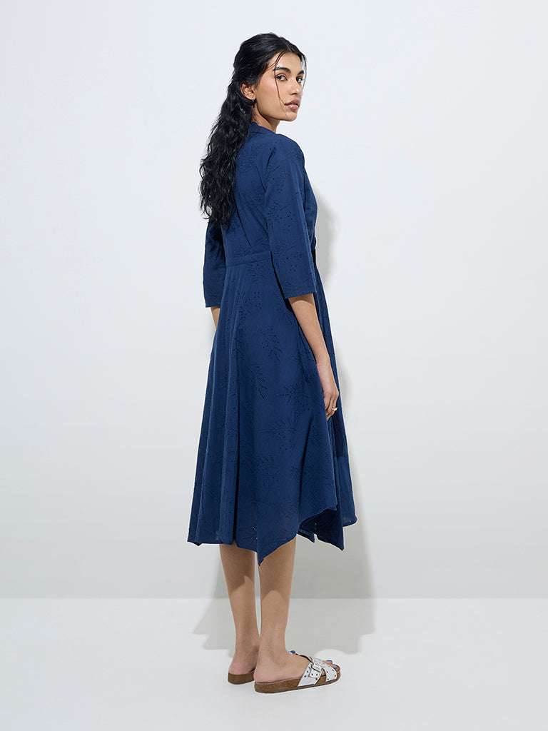 Bombay Paisley Navy Embroidered Cotton Asymmetric Dress